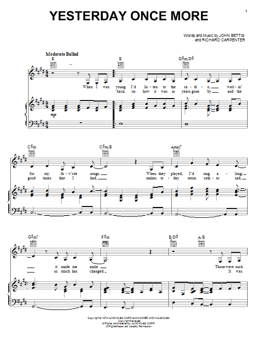 Learn to play Carpenters Yesterday Once More sheet music for Piano, Vocal & Guitar (Right-Hand Melody) in minutes. Carpenters Yesterday Once More sheet music notes and chords. Download Printable PDF.