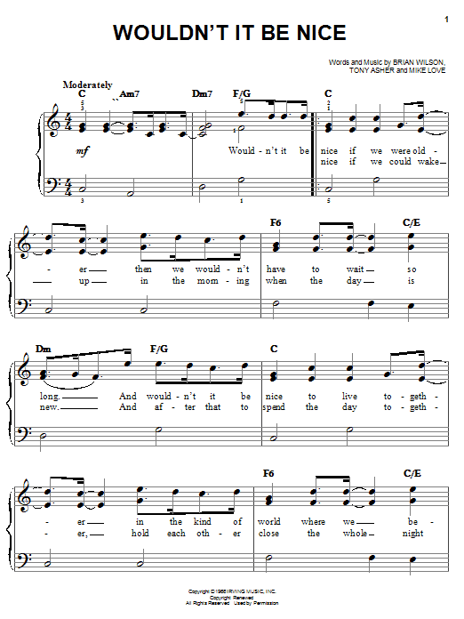 Learn to play The Beach Boys Wouldn't It Be Nice sheet music for Easy Piano in minutes. The Beach Boys Wouldn't It Be Nice sheet music notes and chords. Download Printable PDF.