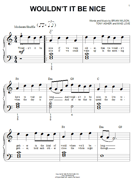 Learn to play The Beach Boys Wouldn't It Be Nice sheet music for Piano (Big Notes) in minutes. The Beach Boys Wouldn't It Be Nice sheet music notes and chords. Download Printable PDF.