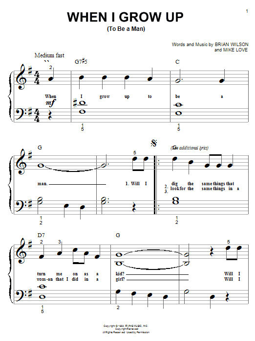 Learn to play The Beach Boys When I Grow Up (To Be A Man) sheet music for Piano (Big Notes) in minutes. The Beach Boys When I Grow Up (To Be A Man) sheet music notes and chords. Download Printable PDF.