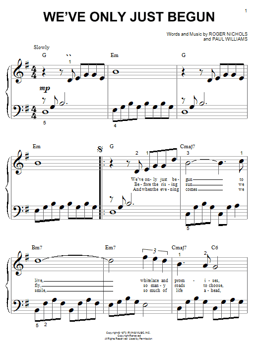 Learn to play Carpenters We've Only Just Begun sheet music for Piano (Big Notes) in minutes. Carpenters We've Only Just Begun sheet music notes and chords. Download Printable PDF.