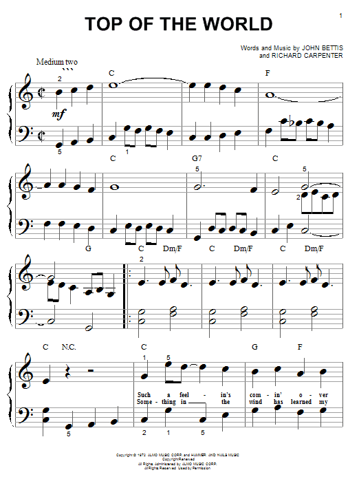 Learn to play Carpenters Top Of The World sheet music for Piano (Big Notes) in minutes. Carpenters Top Of The World sheet music notes and chords. Download Printable PDF.