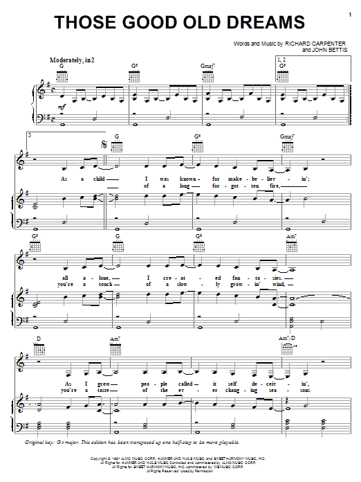 Learn to play Carpenters Those Good Old Dreams sheet music for Piano, Vocal & Guitar (Right-Hand Melody) in minutes. Carpenters Those Good Old Dreams sheet music notes and chords. Download Printable PDF.