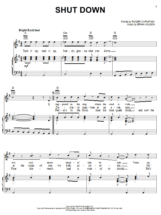Learn to play The Beach Boys Shut Down sheet music for Piano, Vocal & Guitar (Right-Hand Melody) in minutes. The Beach Boys Shut Down sheet music notes and chords. Download Printable PDF.