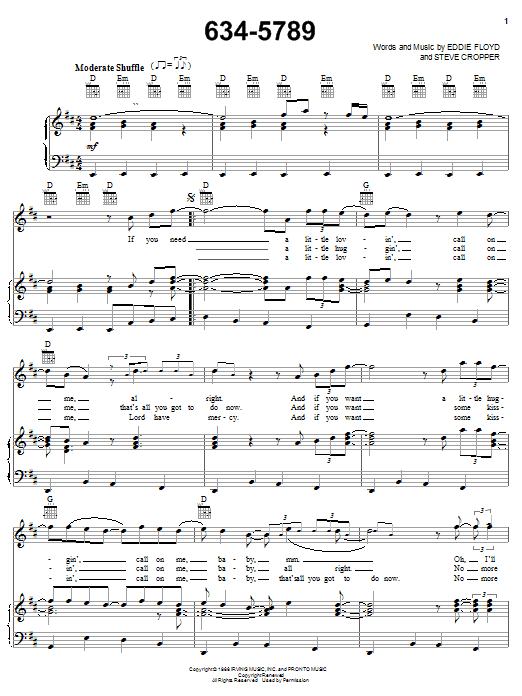 Learn to play Wilson Pickett 634-5789 sheet music for Piano, Vocal & Guitar (Right-Hand Melody) in minutes. Wilson Pickett 634-5789 sheet music notes and chords. Download Printable PDF.