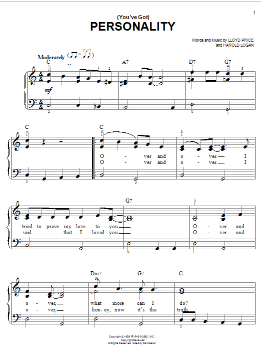 Learn to play Lloyd Price (You've Got) Personality sheet music for Easy Piano in minutes. Lloyd Price (You've Got) Personality sheet music notes and chords. Download Printable PDF.