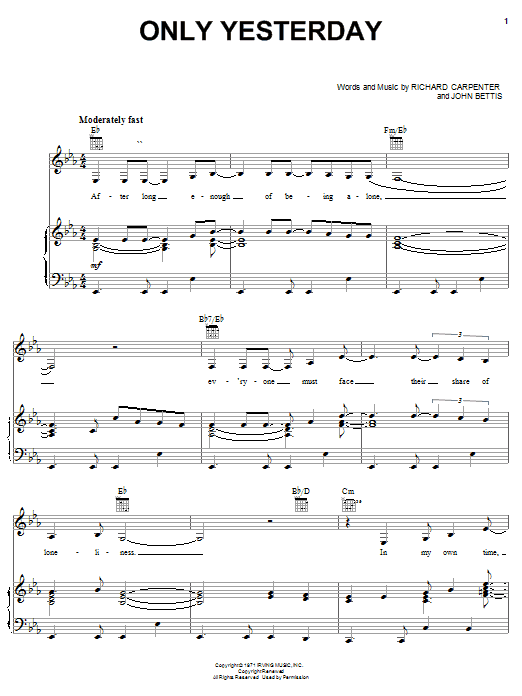 Learn to play Carpenters Only Yesterday sheet music for Piano, Vocal & Guitar (Right-Hand Melody) in minutes. Carpenters Only Yesterday sheet music notes and chords. Download Printable PDF.