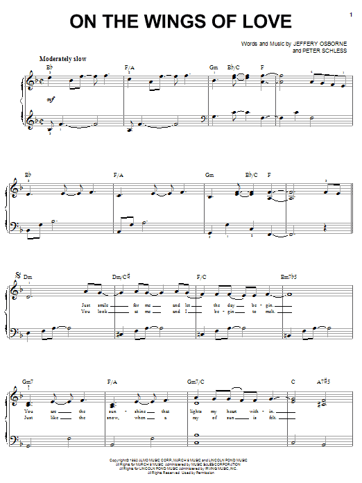 Learn to play Jeffrey Osborne On The Wings Of Love sheet music for Easy Piano in minutes. Jeffrey Osborne On The Wings Of Love sheet music notes and chords. Download Printable PDF.