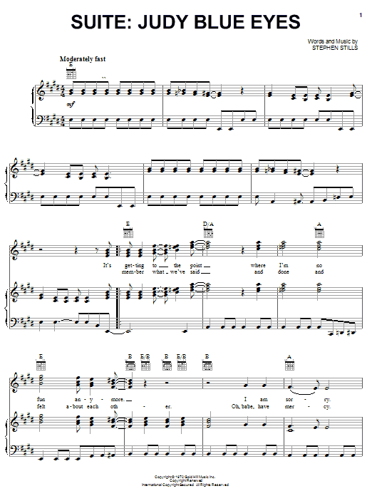 Learn to play Crosby, Stills & Nash Suite: Judy Blue Eyes sheet music for Piano, Vocal & Guitar (Right-Hand Melody) in minutes. Crosby, Stills & Nash Suite: Judy Blue Eyes sheet music notes and chords. Download Printable PDF.