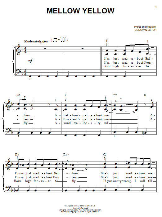 Learn to play Donovan Mellow Yellow sheet music for Easy Piano in minutes. Donovan Mellow Yellow sheet music notes and chords. Download Printable PDF.