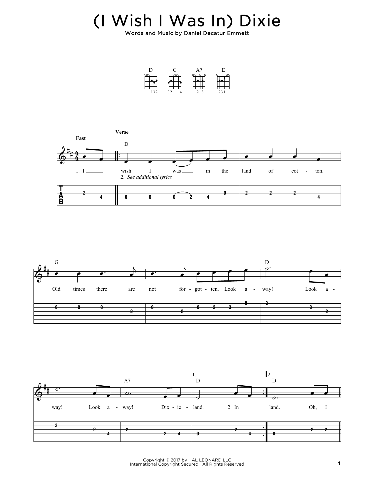 Learn to play Daniel Decatur Emmett (I Wish I Was In) Dixie sheet music for Guitar Tab in minutes. Daniel Decatur Emmett (I Wish I Was In) Dixie sheet music notes and chords. Download Printable PDF.