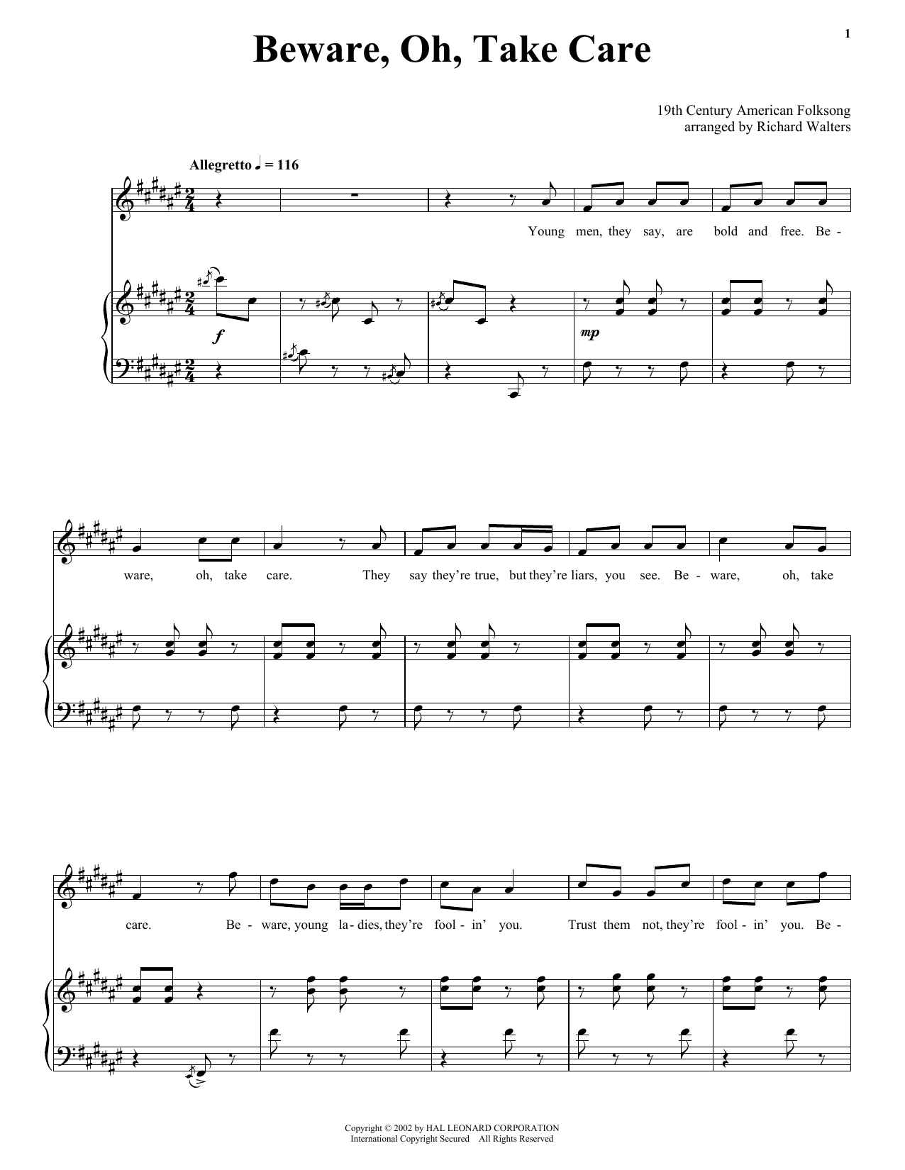 Download Traditional American Folk Song Beware, Oh, Take Care Sheet Music and learn how to play Piano, Vocal & Guitar (Right-Hand Melody) PDF digital score in minutes