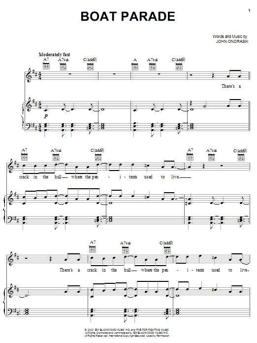 Learn to play Five For Fighting Boat Parade sheet music for Piano, Vocal & Guitar (Right-Hand Melody) in minutes. Five For Fighting Boat Parade sheet music notes and chords. Download Printable PDF.