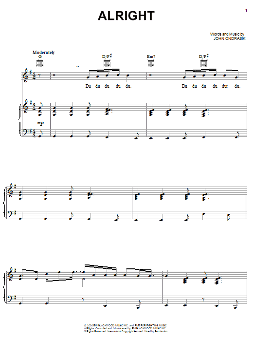 Learn to play Five For Fighting Alright sheet music for Piano, Vocal & Guitar (Right-Hand Melody) in minutes. Five For Fighting Alright sheet music notes and chords. Download Printable PDF.