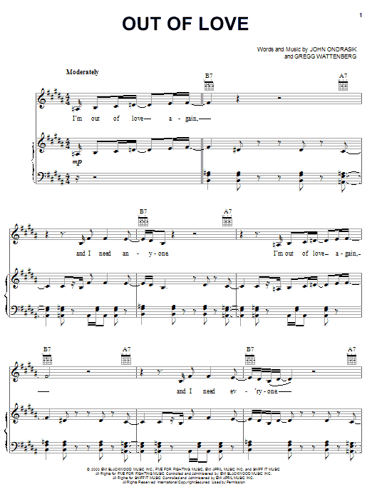 Learn to play Five For Fighting Out Of Love sheet music for Piano, Vocal & Guitar (Right-Hand Melody) in minutes. Five For Fighting Out Of Love sheet music notes and chords. Download Printable PDF.