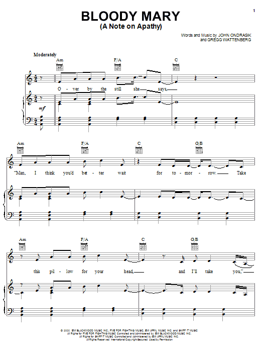 Learn to play Five For Fighting Bloody Mary (A Note On Apathy) sheet music for Piano, Vocal & Guitar (Right-Hand Melody) in minutes. Five For Fighting Bloody Mary (A Note On Apathy) sheet music notes and chords. Download Printable PDF.