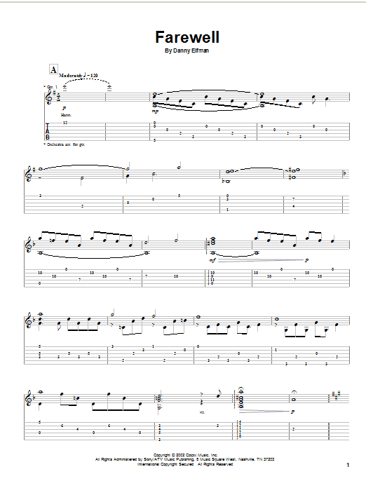 Learn to play Danny Elfman Farewell (from Spiderman) sheet music for Guitar Tab in minutes. Danny Elfman Farewell (from Spiderman) sheet music notes and chords. Download Printable PDF.