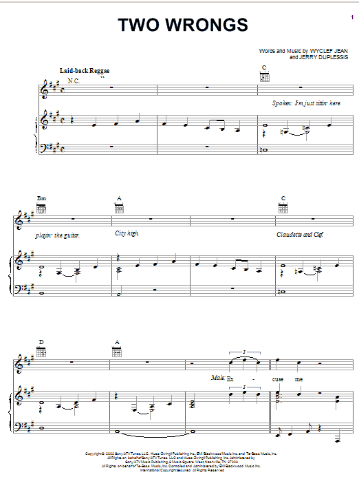 Learn to play Wyclef Jean Two Wrongs (feat. Claudette Ortiz) sheet music for Piano, Vocal & Guitar (Right-Hand Melody) in minutes. Wyclef Jean Two Wrongs (feat. Claudette Ortiz) sheet music notes and chords. Download Printable PDF.