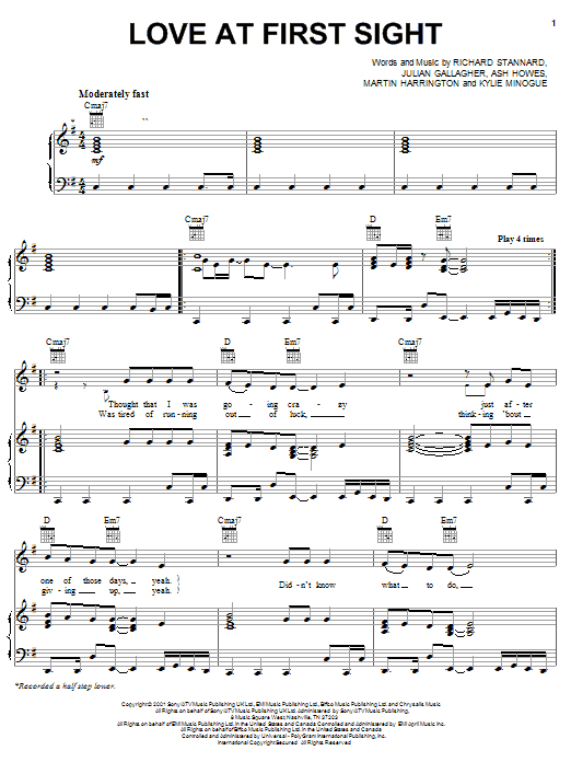 Learn to play Kylie Minogue Love At First Sight sheet music for Piano, Vocal & Guitar (Right-Hand Melody) in minutes. Kylie Minogue Love At First Sight sheet music notes and chords. Download Printable PDF.