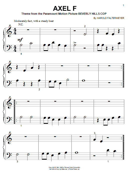 Learn to play Harold Faltermeyer Axel F (from Beverley Hills Cop) (the Crazy Frog) sheet music for Piano (Big Notes) in minutes. Harold Faltermeyer Axel F (from Beverley Hills Cop) (the Crazy Frog) sheet music notes and chords. Download Printable PDF.
