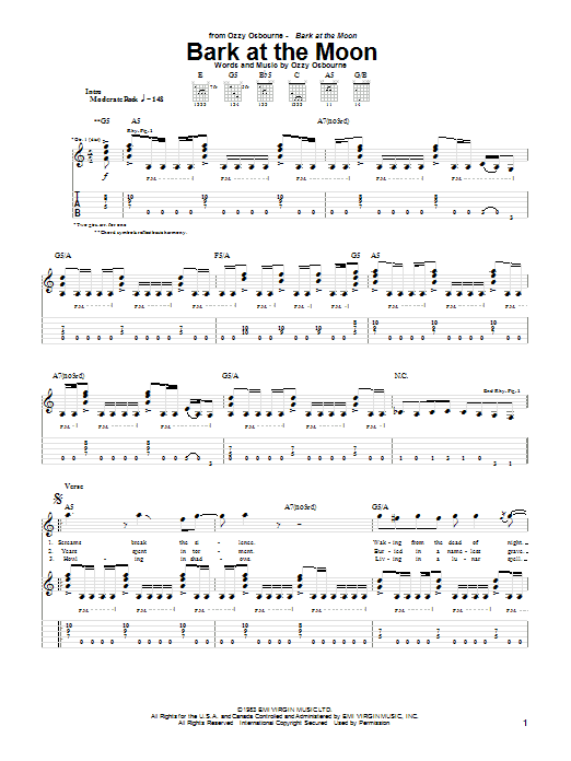Learn to play Ozzy Osbourne Bark At The Moon sheet music for Guitar Tab in minutes. Ozzy Osbourne Bark At The Moon sheet music notes and chords. Download Printable PDF.