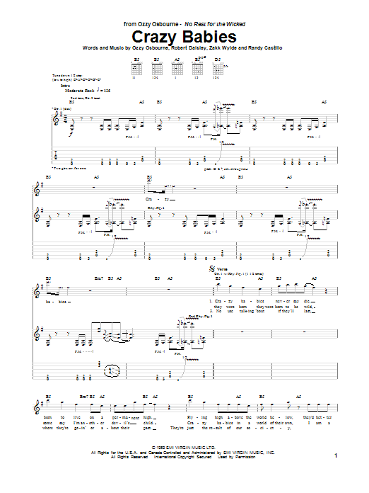 Learn to play Ozzy Osbourne Crazy Babies sheet music for Guitar Tab in minutes. Ozzy Osbourne Crazy Babies sheet music notes and chords. Download Printable PDF.