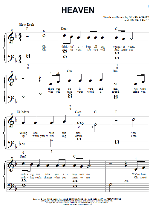 Learn to play Bryan Adams Heaven sheet music for Piano (Big Notes) in minutes. Bryan Adams Heaven sheet music notes and chords. Download Printable PDF.