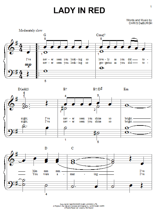 Learn to play Chris de Burgh The Lady In Red sheet music for Piano (Big Notes) in minutes. Chris de Burgh The Lady In Red sheet music notes and chords. Download Printable PDF.