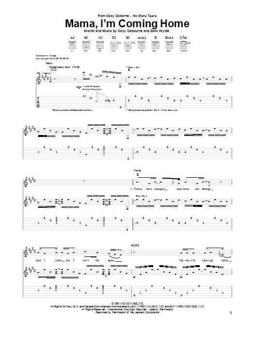 Learn to play Ozzy Osbourne Mama, I'm Coming Home sheet music for Guitar Tab in minutes. Ozzy Osbourne Mama, I'm Coming Home sheet music notes and chords. Download Printable PDF.