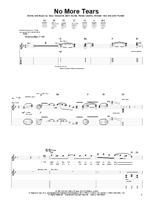 Learn to play Ozzy Osbourne No More Tears sheet music for Guitar Tab in minutes. Ozzy Osbourne No More Tears sheet music notes and chords. Download Printable PDF.
