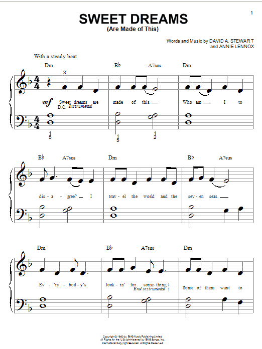 Learn to play Eurythmics Sweet Dreams (Are Made Of This) sheet music for Piano (Big Notes) in minutes. Eurythmics Sweet Dreams (Are Made Of This) sheet music notes and chords. Download Printable PDF.