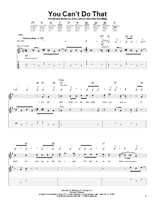 Learn to play The Beatles You Can't Do That sheet music for Guitar Tab in minutes. The Beatles You Can't Do That sheet music notes and chords. Download Printable PDF.