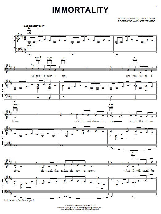 Learn to play Bee Gees Immortality sheet music for Piano, Vocal & Guitar (Right-Hand Melody) in minutes. Bee Gees Immortality sheet music notes and chords. Download Printable PDF.