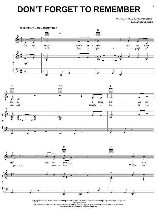 Learn to play Bee Gees Don't Forget To Remember sheet music for Piano, Vocal & Guitar (Right-Hand Melody) in minutes. Bee Gees Don't Forget To Remember sheet music notes and chords. Download Printable PDF.
