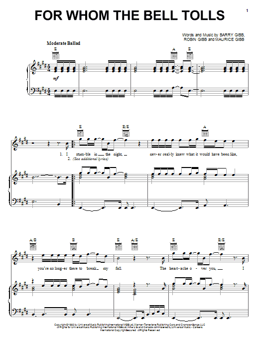 Learn to play Bee Gees For Whom The Bell Tolls sheet music for Piano, Vocal & Guitar (Right-Hand Melody) in minutes. Bee Gees For Whom The Bell Tolls sheet music notes and chords. Download Printable PDF.