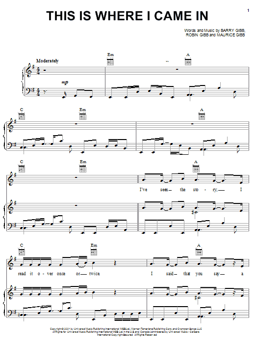 Learn to play Bee Gees This Is Where I Came In sheet music for Piano, Vocal & Guitar (Right-Hand Melody) in minutes. Bee Gees This Is Where I Came In sheet music notes and chords. Download Printable PDF.