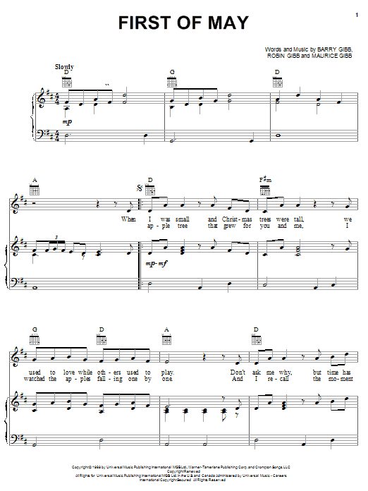 Learn to play Bee Gees First Of May sheet music for Piano, Vocal & Guitar (Right-Hand Melody) in minutes. Bee Gees First Of May sheet music notes and chords. Download Printable PDF.