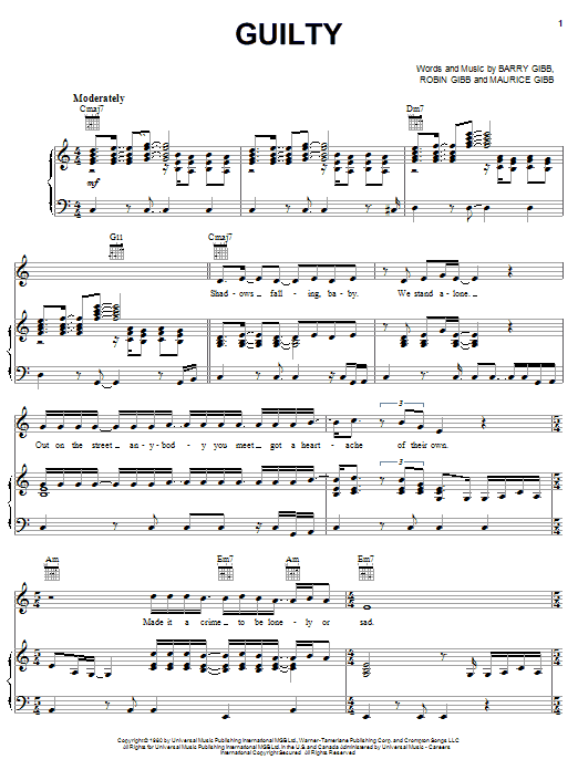 Learn to play Bee Gees Guilty sheet music for Piano, Vocal & Guitar (Right-Hand Melody) in minutes. Bee Gees Guilty sheet music notes and chords. Download Printable PDF.