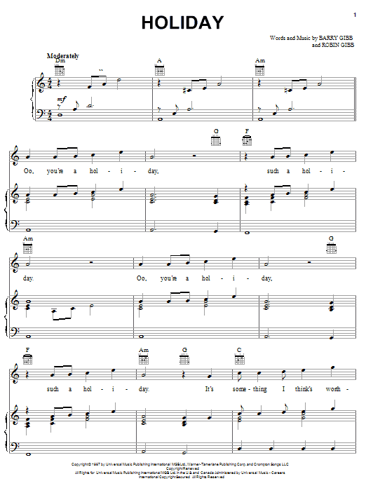 Learn to play Bee Gees Holiday sheet music for Piano, Vocal & Guitar (Right-Hand Melody) in minutes. Bee Gees Holiday sheet music notes and chords. Download Printable PDF.