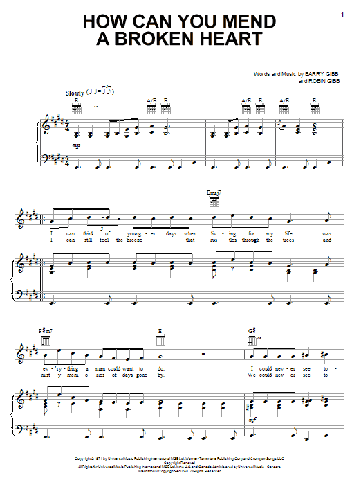 Learn to play Bee Gees How Can You Mend A Broken Heart sheet music for Piano, Vocal & Guitar (Right-Hand Melody) in minutes. Bee Gees How Can You Mend A Broken Heart sheet music notes and chords. Download Printable PDF.