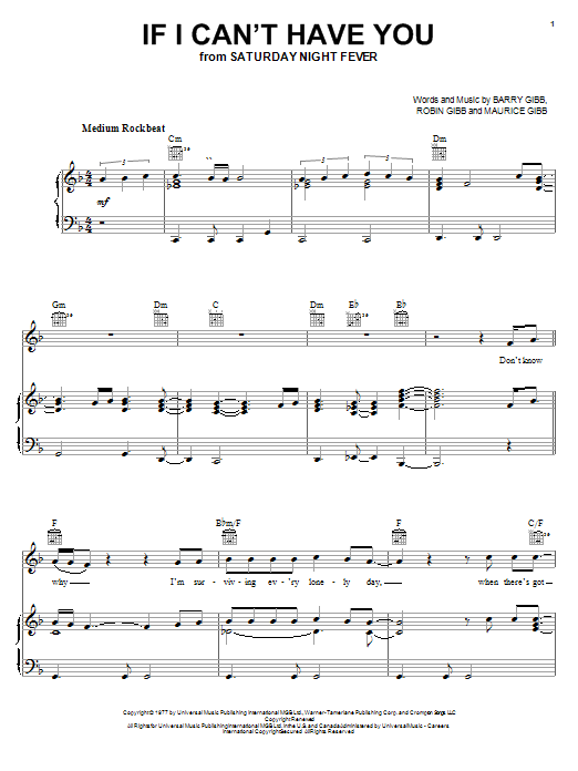 Learn to play Bee Gees If I Can't Have You sheet music for Piano, Vocal & Guitar (Right-Hand Melody) in minutes. Bee Gees If I Can't Have You sheet music notes and chords. Download Printable PDF.