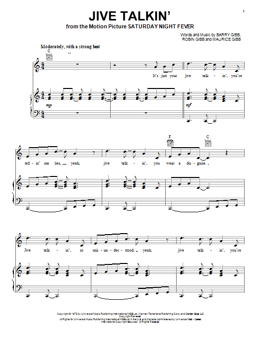 Learn to play Bee Gees Jive Talkin' sheet music for Piano, Vocal & Guitar (Right-Hand Melody) in minutes. Bee Gees Jive Talkin' sheet music notes and chords. Download Printable PDF.