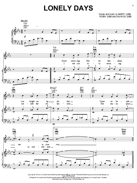 Learn to play Bee Gees Lonely Days sheet music for Piano, Vocal & Guitar (Right-Hand Melody) in minutes. Bee Gees Lonely Days sheet music notes and chords. Download Printable PDF.