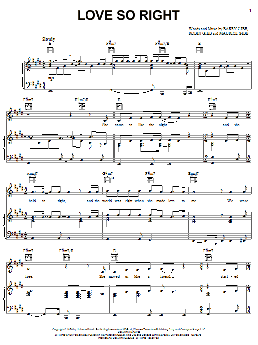 Learn to play Bee Gees Love So Right sheet music for Piano, Vocal & Guitar (Right-Hand Melody) in minutes. Bee Gees Love So Right sheet music notes and chords. Download Printable PDF.
