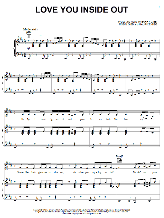 Learn to play Bee Gees Love You Inside Out sheet music for Piano, Vocal & Guitar (Right-Hand Melody) in minutes. Bee Gees Love You Inside Out sheet music notes and chords. Download Printable PDF.