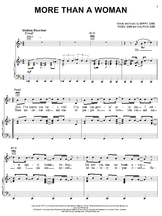 Learn to play Bee Gees More Than A Woman sheet music for Piano, Vocal & Guitar (Right-Hand Melody) in minutes. Bee Gees More Than A Woman sheet music notes and chords. Download Printable PDF.