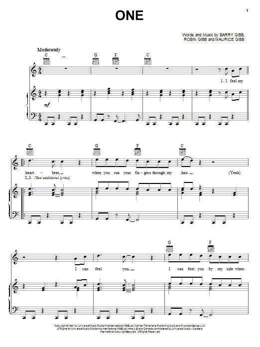 Learn to play Bee Gees One sheet music for Piano, Vocal & Guitar (Right-Hand Melody) in minutes. Bee Gees One sheet music notes and chords. Download Printable PDF.