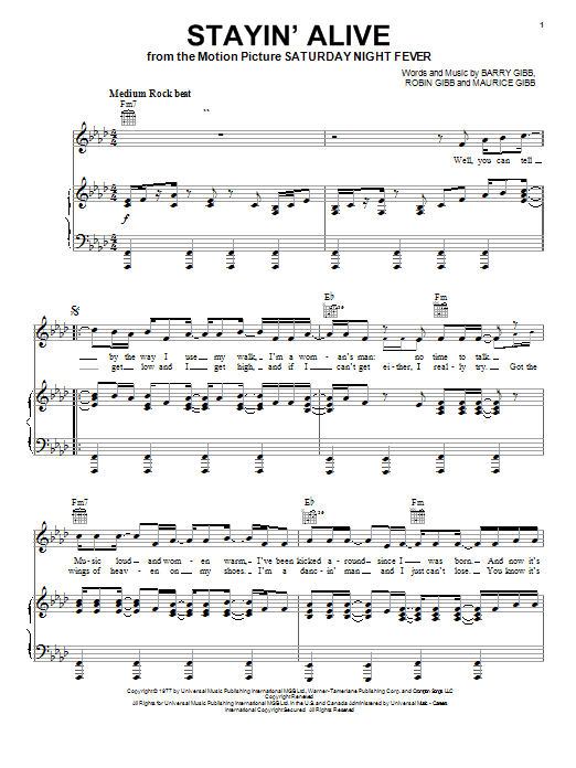Learn to play Bee Gees Stayin' Alive sheet music for Piano, Vocal & Guitar (Right-Hand Melody) in minutes. Bee Gees Stayin' Alive sheet music notes and chords. Download Printable PDF.
