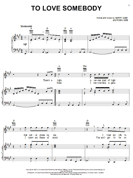 Learn to play Bee Gees To Love Somebody sheet music for Piano, Vocal & Guitar (Right-Hand Melody) in minutes. Bee Gees To Love Somebody sheet music notes and chords. Download Printable PDF.