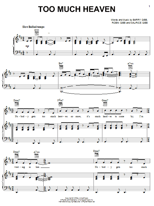 Learn to play Bee Gees Too Much Heaven sheet music for Piano, Vocal & Guitar (Right-Hand Melody) in minutes. Bee Gees Too Much Heaven sheet music notes and chords. Download Printable PDF.